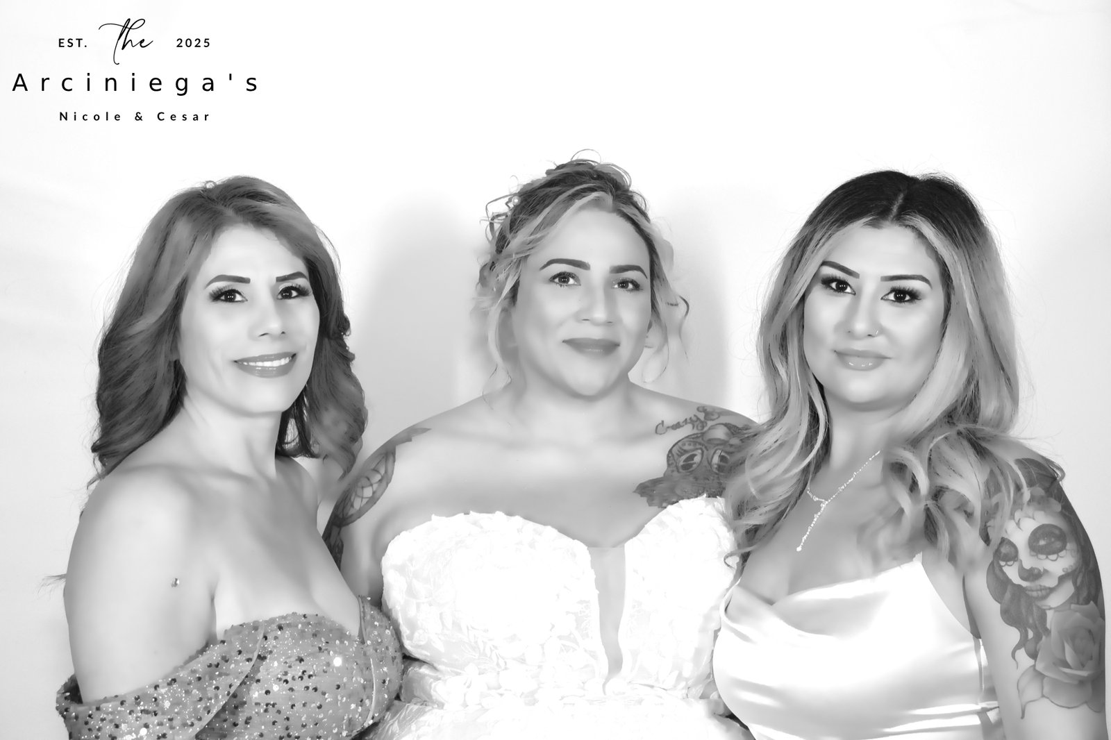 Bride with friends in black and white