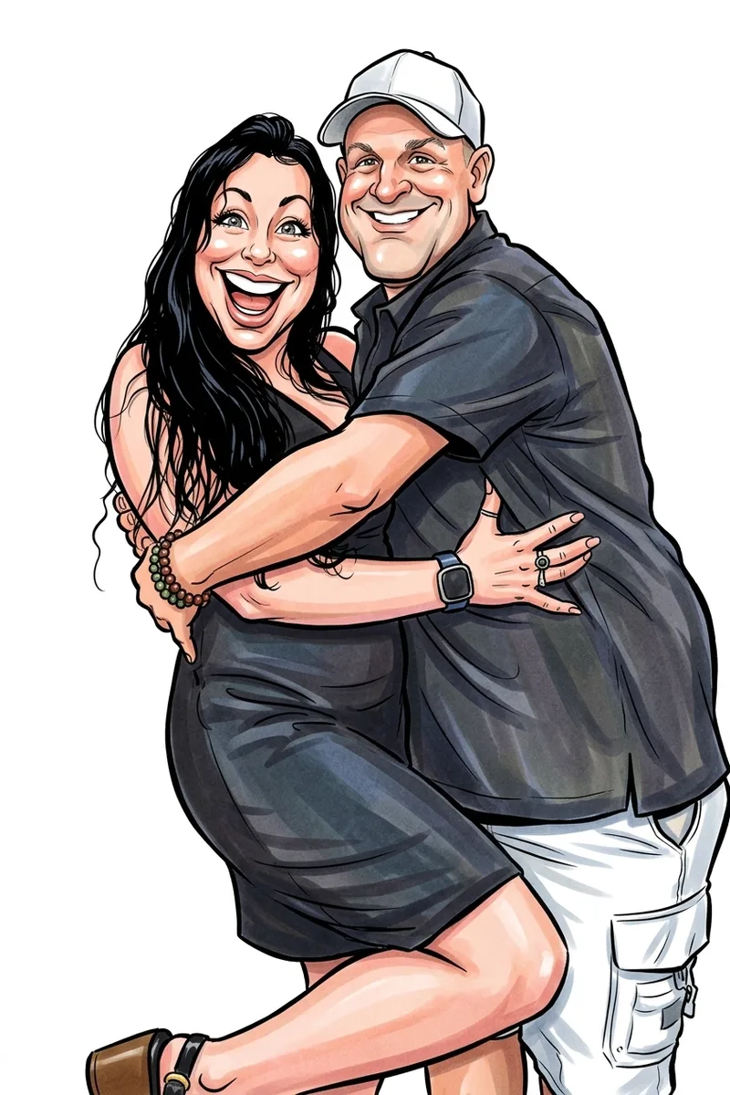 Caricature print of a laughing couple in a big hug