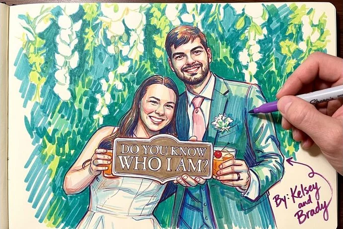 A marker sketch of a couple in a sketchbook